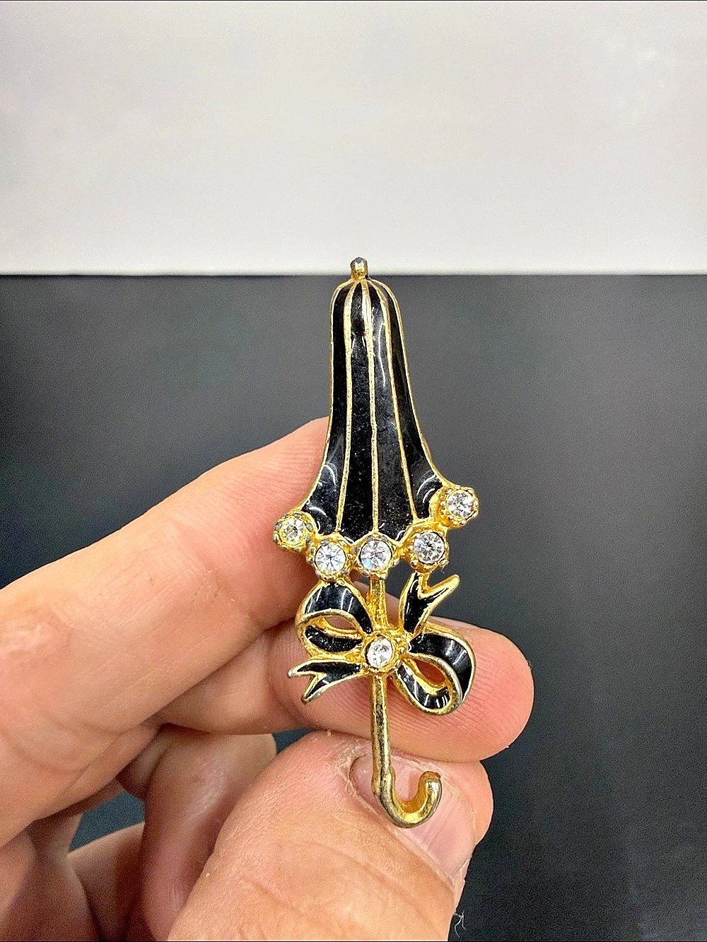 Vintage Style Black Enamel Umbrella Brooch Rhinestone Bow Gold Tone Pin